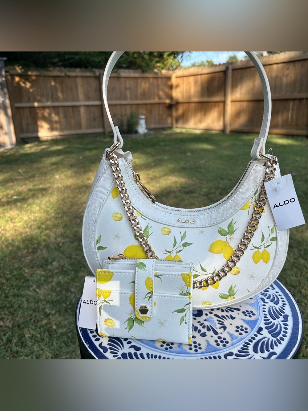 ALDO White Lemon Print Shoulder Bag with Gold Chain and wallet set